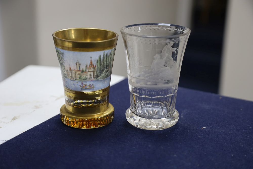 Two Bohemian glass beakers, ranftbechers, c.1840 and 1900, H.11.7cm and 10.9cm (2)